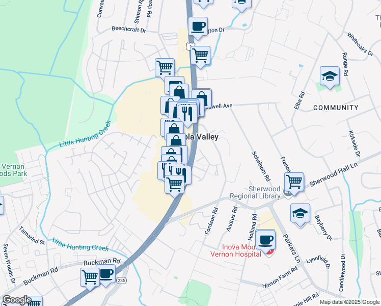 map of restaurants, bars, coffee shops, grocery stores, and more near 250 Richmond Highway Service Road in Alexandria