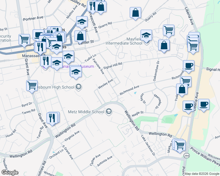 map of restaurants, bars, coffee shops, grocery stores, and more near 9606 Fairview Avenue in Manassas