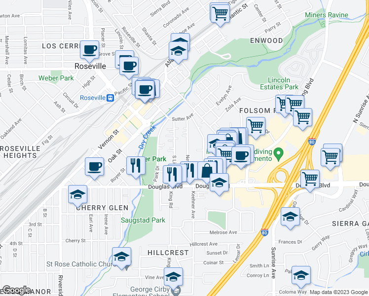 map of restaurants, bars, coffee shops, grocery stores, and more near 152 Nevada Avenue in Roseville