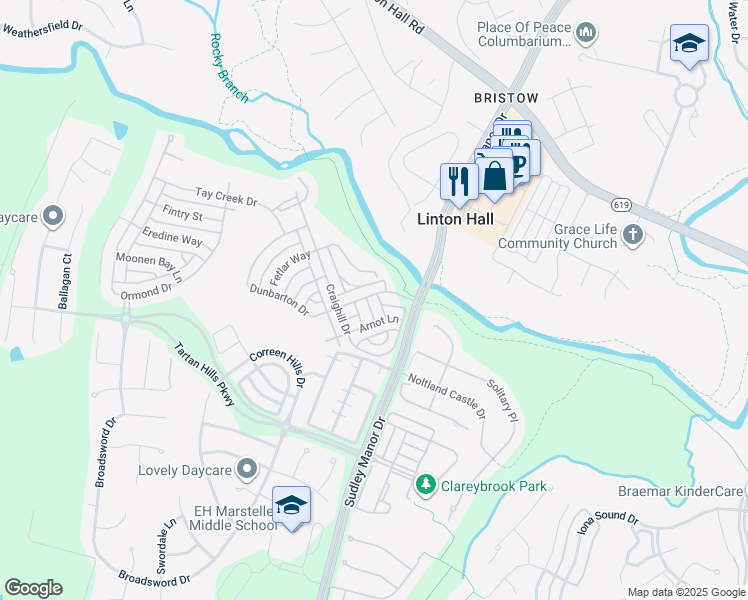 map of restaurants, bars, coffee shops, grocery stores, and more near 12825 Dunbarton Dr in Bristow