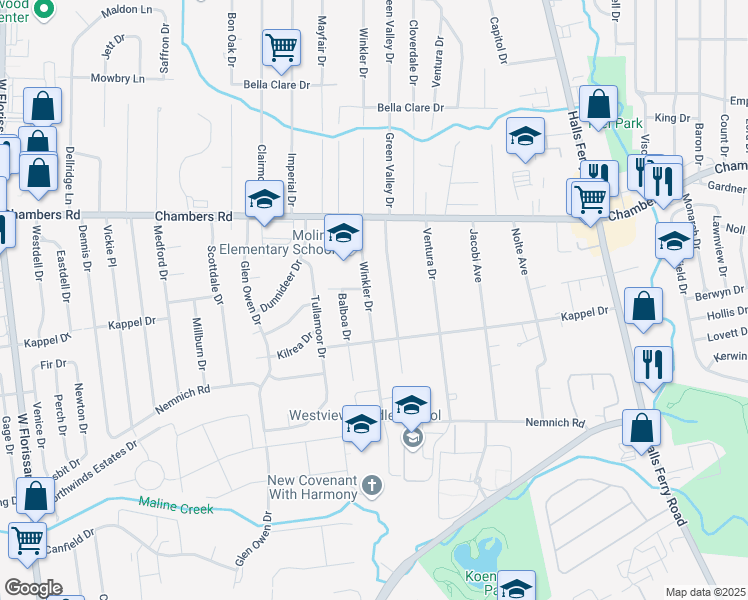 map of restaurants, bars, coffee shops, grocery stores, and more near 9830 Winkler Drive in St. Louis