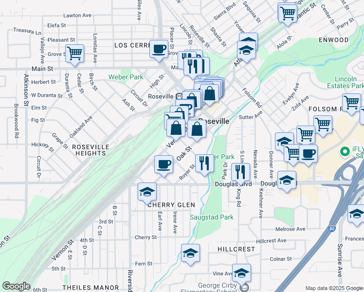 map of restaurants, bars, coffee shops, grocery stores, and more near 500 Oak Street in Roseville