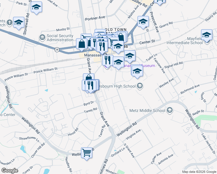 map of restaurants, bars, coffee shops, grocery stores, and more near 9210 Azure Court in Manassas