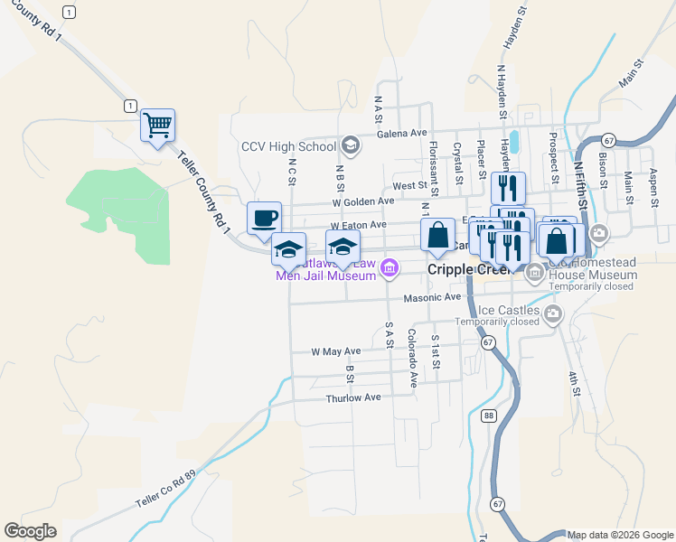 map of restaurants, bars, coffee shops, grocery stores, and more near 305 West Bennett Avenue in Cripple Creek