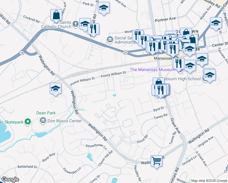 map of restaurants, bars, coffee shops, grocery stores, and more near 9613 Jefferson Street in Manassas