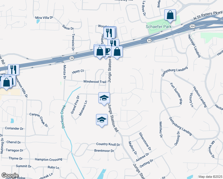map of restaurants, bars, coffee shops, grocery stores, and more near 23 Imperial Circle in St. Peters