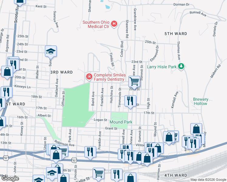 map of restaurants, bars, coffee shops, grocery stores, and more near 1915 Hutchins Street in Portsmouth