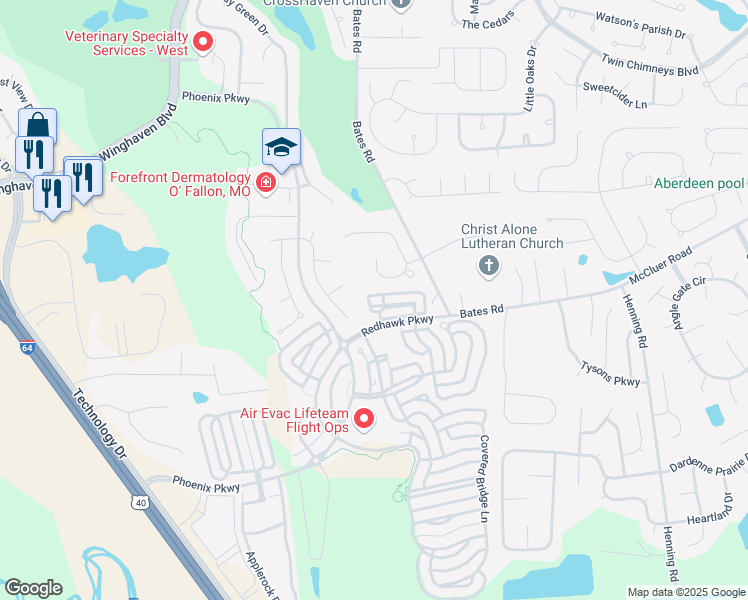 map of restaurants, bars, coffee shops, grocery stores, and more near 417 Heritage Commons Circle in O'Fallon