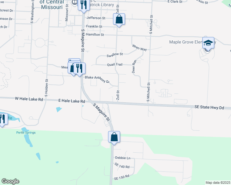 map of restaurants, bars, coffee shops, grocery stores, and more near 1112 Zoll Street in Warrensburg
