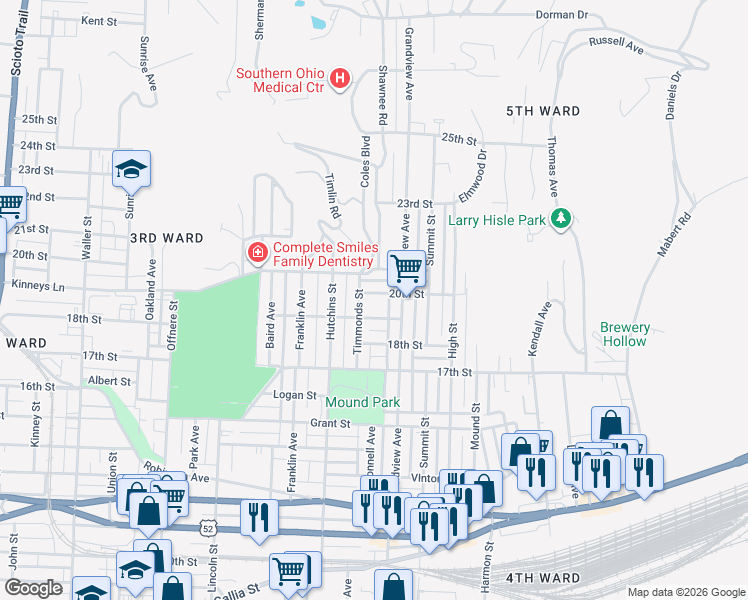 map of restaurants, bars, coffee shops, grocery stores, and more near 1915 Grandview Avenue in Portsmouth