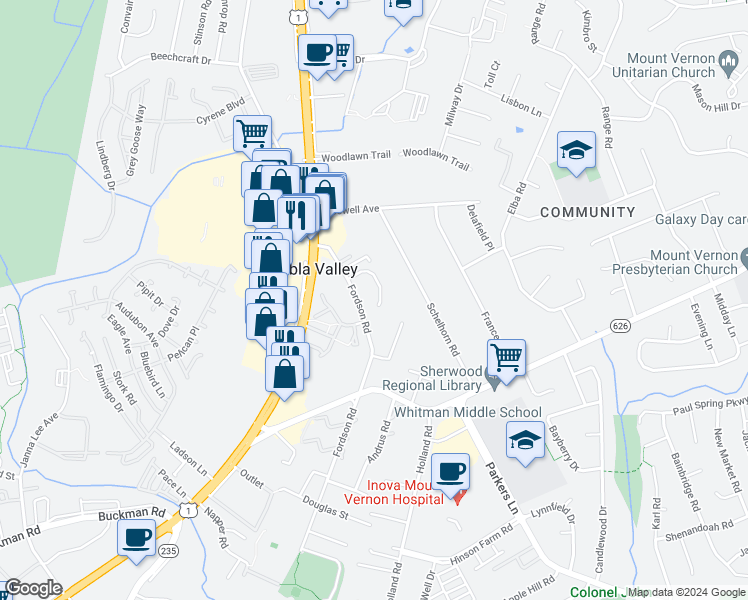 map of restaurants, bars, coffee shops, grocery stores, and more near 2807 Joseph Makell Court in Alexandria