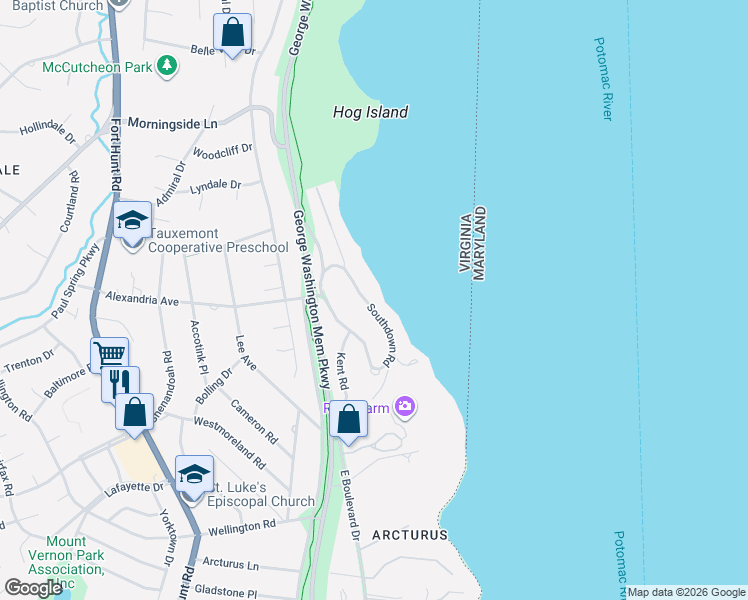 map of restaurants, bars, coffee shops, grocery stores, and more near 7801 Southdown Road in Alexandria