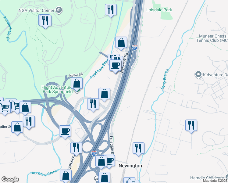 map of restaurants, bars, coffee shops, grocery stores, and more near 7770 Backlick Road in Springfield
