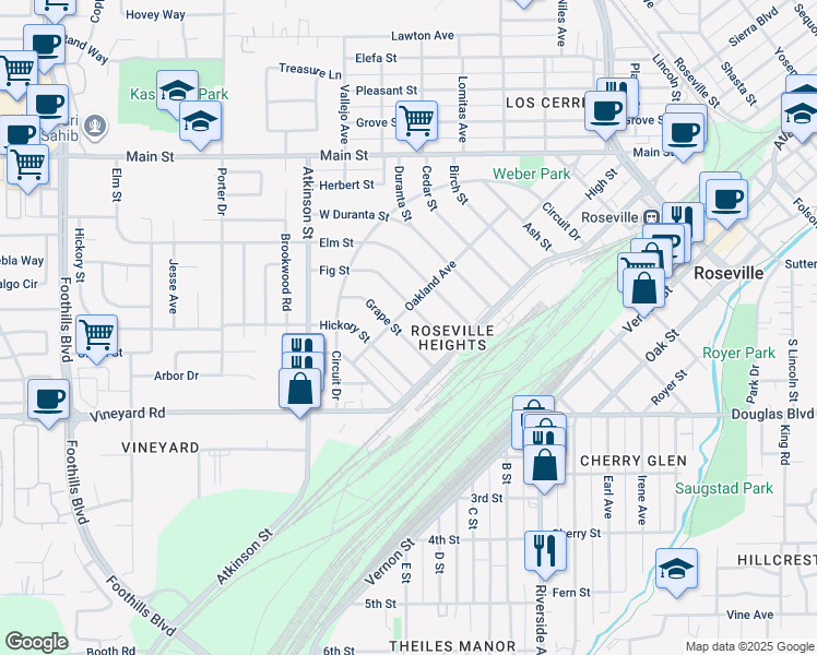 map of restaurants, bars, coffee shops, grocery stores, and more near 140 Grape Street in Roseville