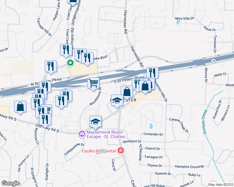 map of restaurants, bars, coffee shops, grocery stores, and more near 127 Harvester Court in St. Peters