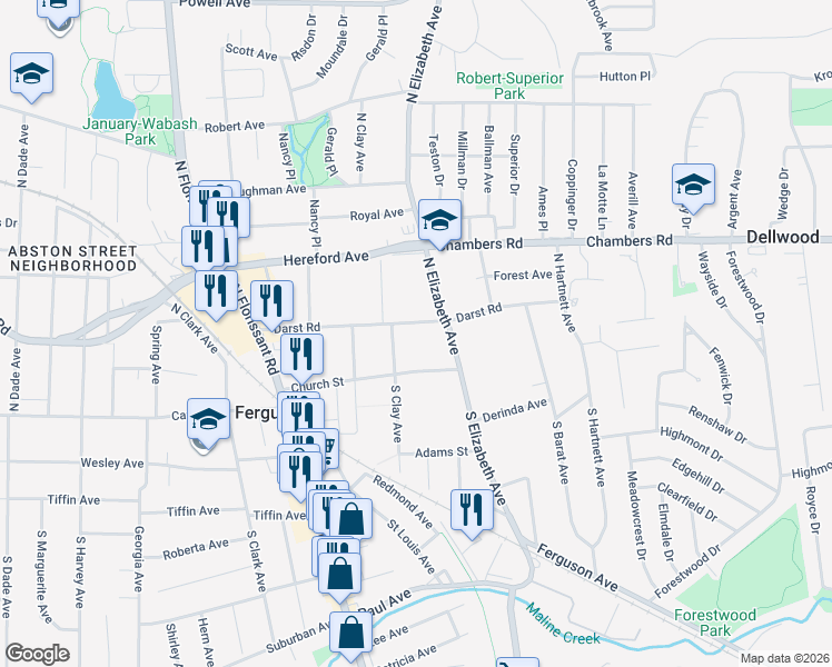 map of restaurants, bars, coffee shops, grocery stores, and more near 420 Darst Road in Ferguson