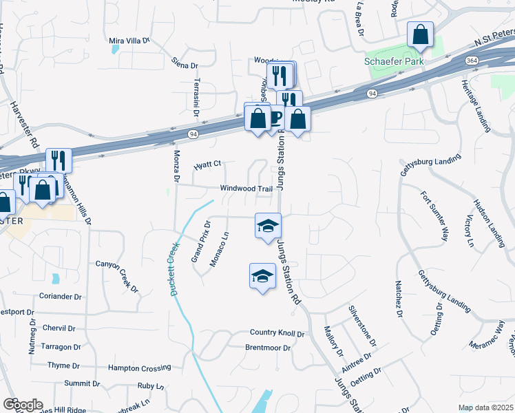 map of restaurants, bars, coffee shops, grocery stores, and more near 42 Trailside Court in St. Peters