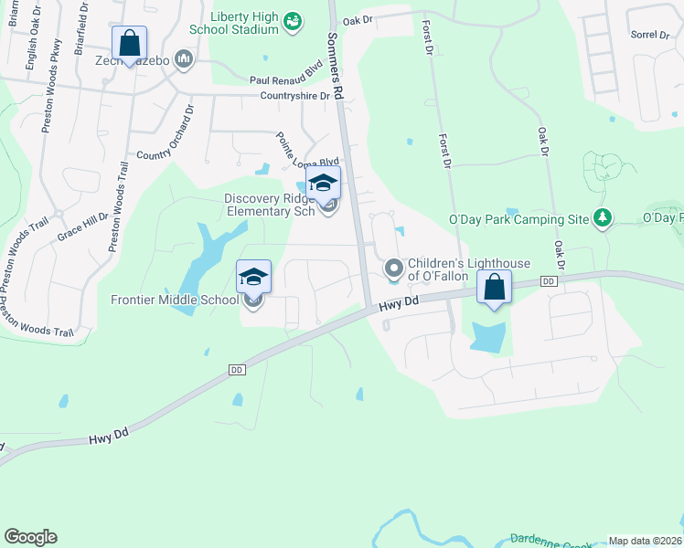 map of restaurants, bars, coffee shops, grocery stores, and more near 2553 Sommers Road in O'Fallon