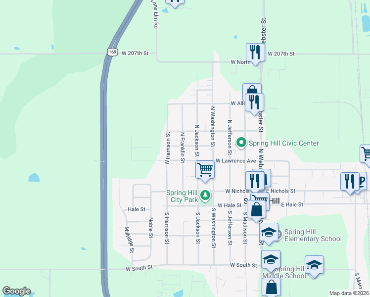 map of restaurants, bars, coffee shops, grocery stores, and more near 504 West Smith Street in Spring Hill