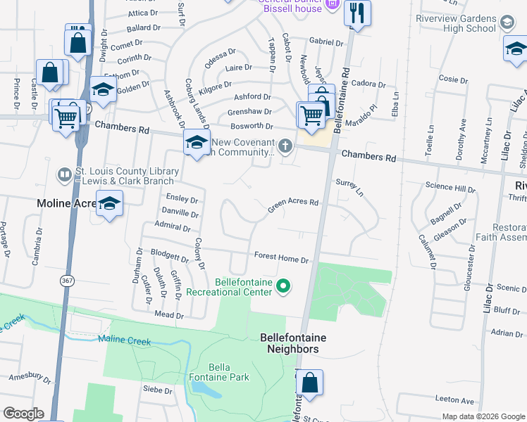 map of restaurants, bars, coffee shops, grocery stores, and more near 24 Green Acres Road in Saint Louis