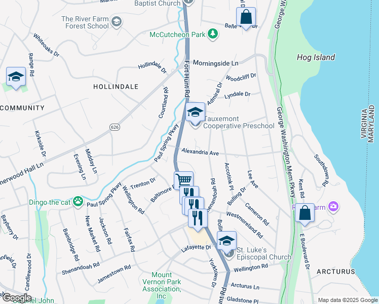 map of restaurants, bars, coffee shops, grocery stores, and more near 1300 Gahant Road in Alexandria