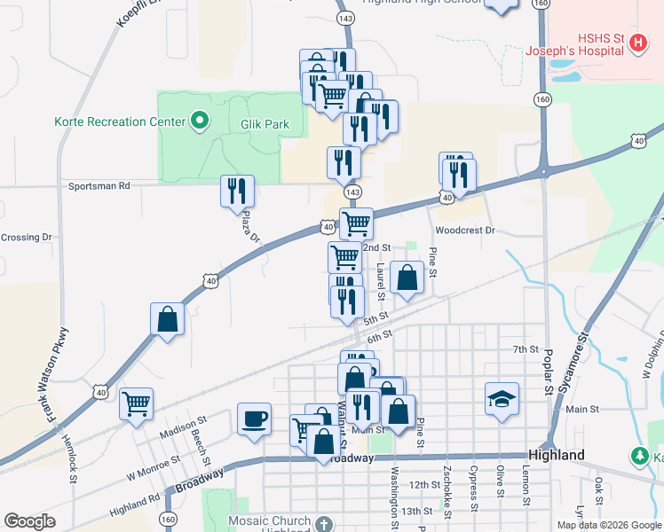 map of restaurants, bars, coffee shops, grocery stores, and more near 713 3rd Street in Highland
