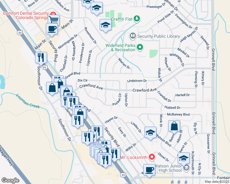 map of restaurants, bars, coffee shops, grocery stores, and more near 285 Pointer Place in Colorado Springs
