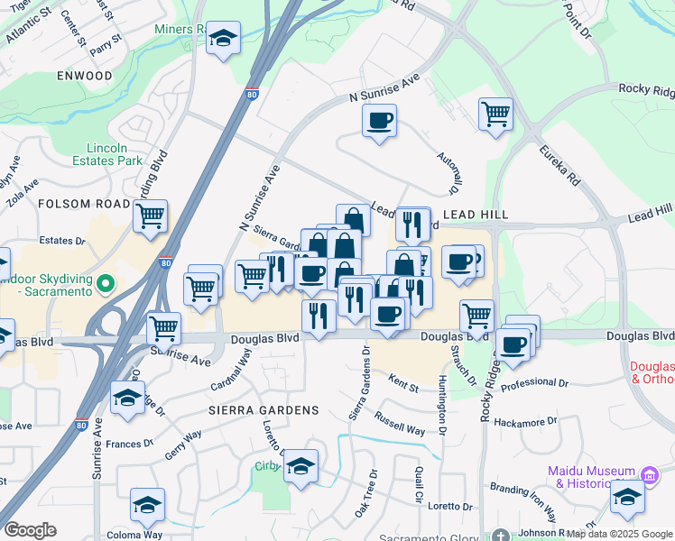 map of restaurants, bars, coffee shops, grocery stores, and more near 1811 Douglas Boulevard in Roseville