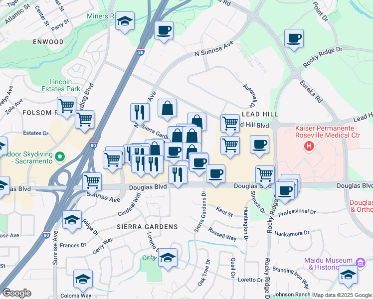 map of restaurants, bars, coffee shops, grocery stores, and more near 1811 Douglas Boulevard in Roseville