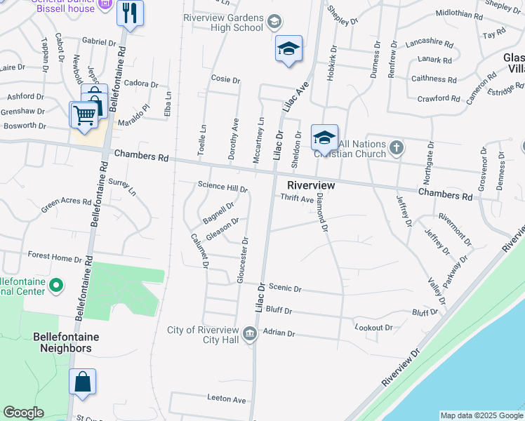 map of restaurants, bars, coffee shops, grocery stores, and more near 9929 Lilac Drive in St. Louis