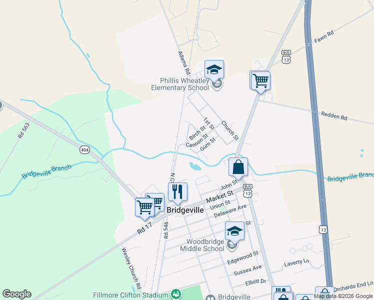 map of restaurants, bars, coffee shops, grocery stores, and more near 491 North Cannon Street in Bridgeville