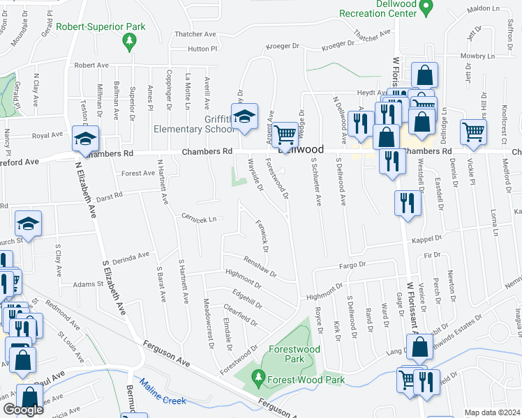 map of restaurants, bars, coffee shops, grocery stores, and more near 1026 Chambers Road in Ferguson