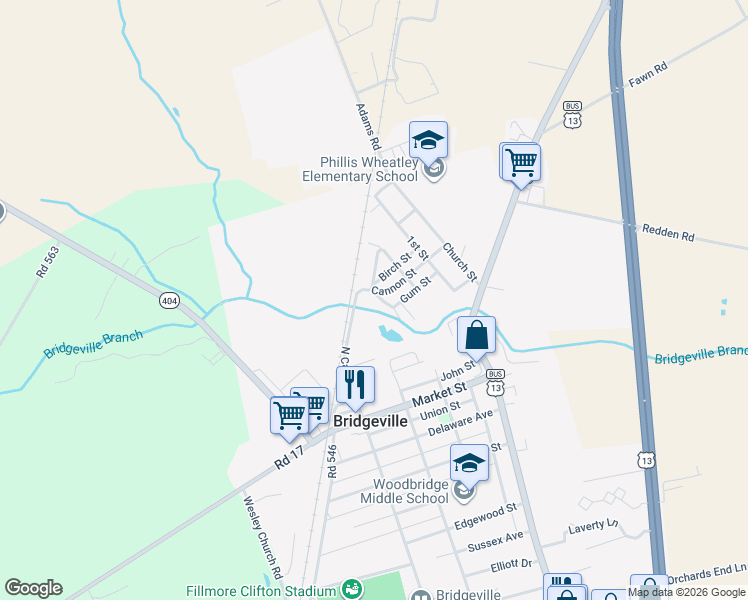 map of restaurants, bars, coffee shops, grocery stores, and more near 491 North Cannon Street in Bridgeville