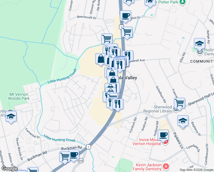 map of restaurants, bars, coffee shops, grocery stores, and more near 7800 Belford Drive in Alexandria