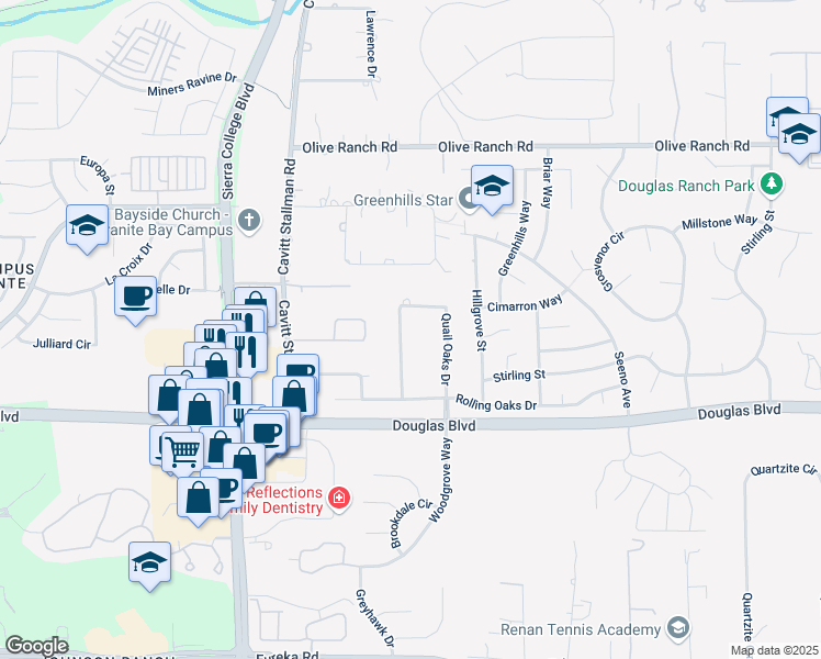 map of restaurants, bars, coffee shops, grocery stores, and more near 8515 Quail Oaks Drive in Roseville