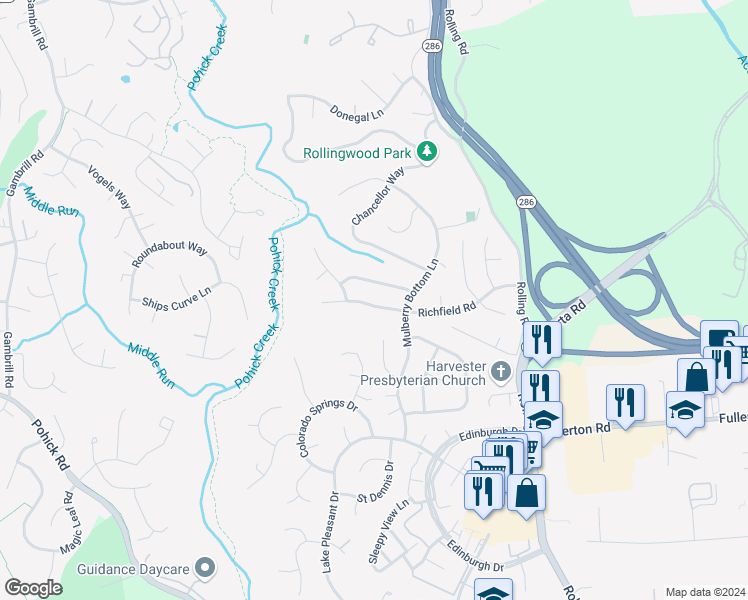 map of restaurants, bars, coffee shops, grocery stores, and more near 7908 Richfield Road in Springfield