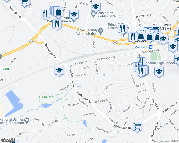 map of restaurants, bars, coffee shops, grocery stores, and more near 9514 School Street in Manassas