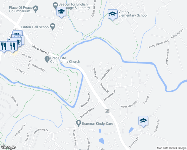map of restaurants, bars, coffee shops, grocery stores, and more near 12150 Loft Court in Bristow