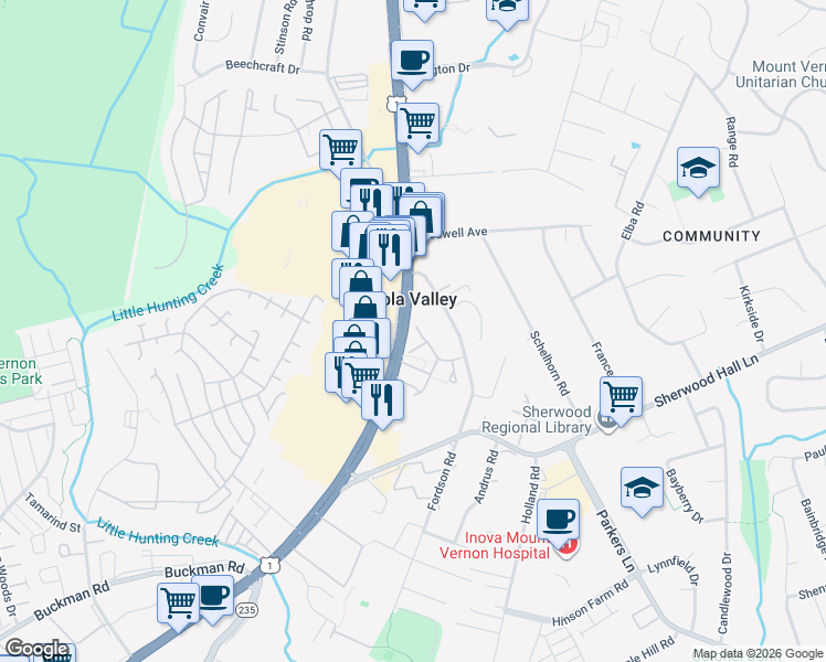 map of restaurants, bars, coffee shops, grocery stores, and more near 7800 Gum Springs Village Drive in Alexandria