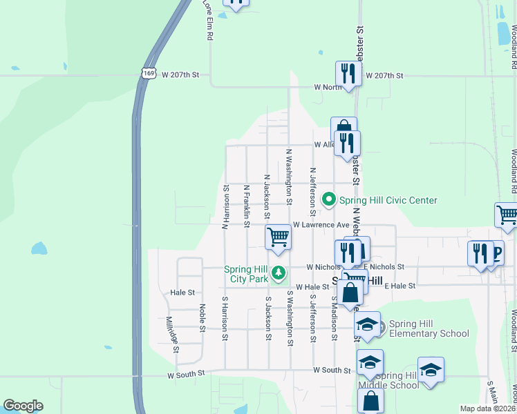 map of restaurants, bars, coffee shops, grocery stores, and more near 504 West Smith Street in Spring Hill