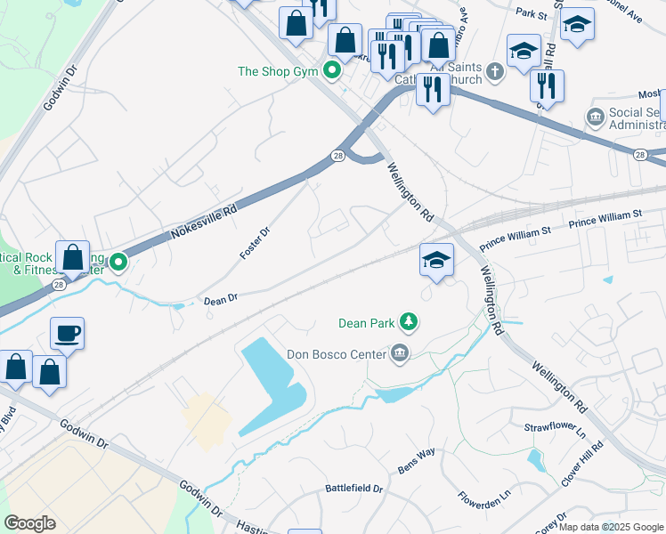 map of restaurants, bars, coffee shops, grocery stores, and more near 9765 Dean Drive in Manassas