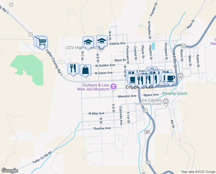 map of restaurants, bars, coffee shops, grocery stores, and more near 215 West Bennett Avenue in Cripple Creek