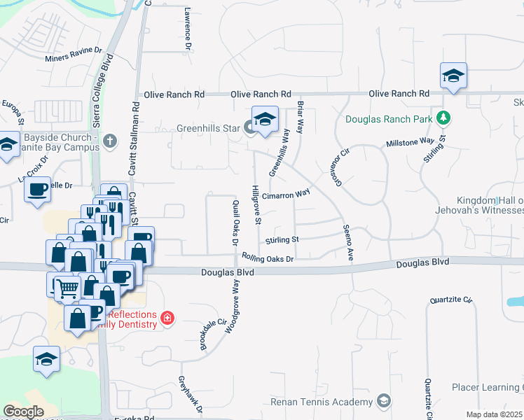 map of restaurants, bars, coffee shops, grocery stores, and more near 8365 Hillgrove Street in Granite Bay