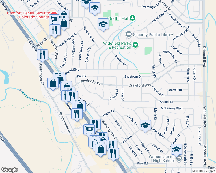 map of restaurants, bars, coffee shops, grocery stores, and more near 280 Pointer Place in Colorado Springs