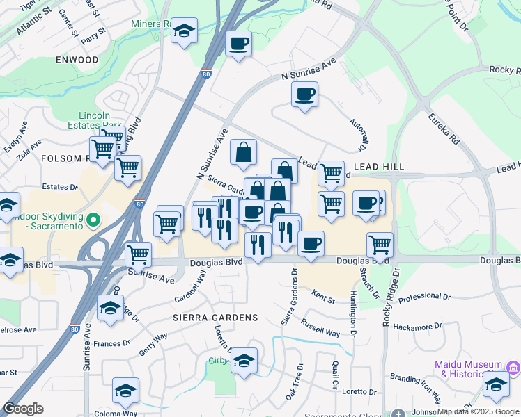 map of restaurants, bars, coffee shops, grocery stores, and more near 1740 Santa Clara Dr in Roseville