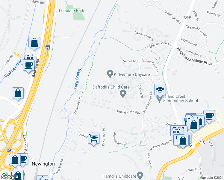 map of restaurants, bars, coffee shops, grocery stores, and more near 7715 Martin Allen Court in Alexandria