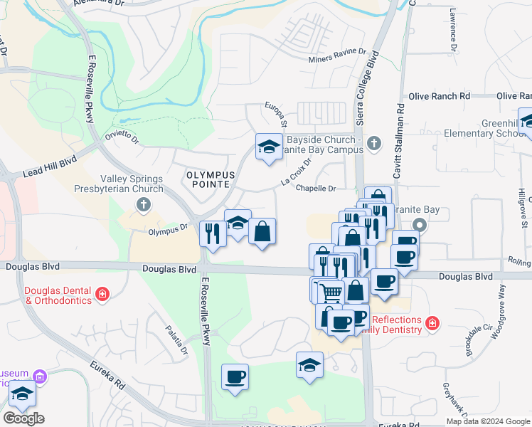map of restaurants, bars, coffee shops, grocery stores, and more near 2505 Julliard Circle in Roseville