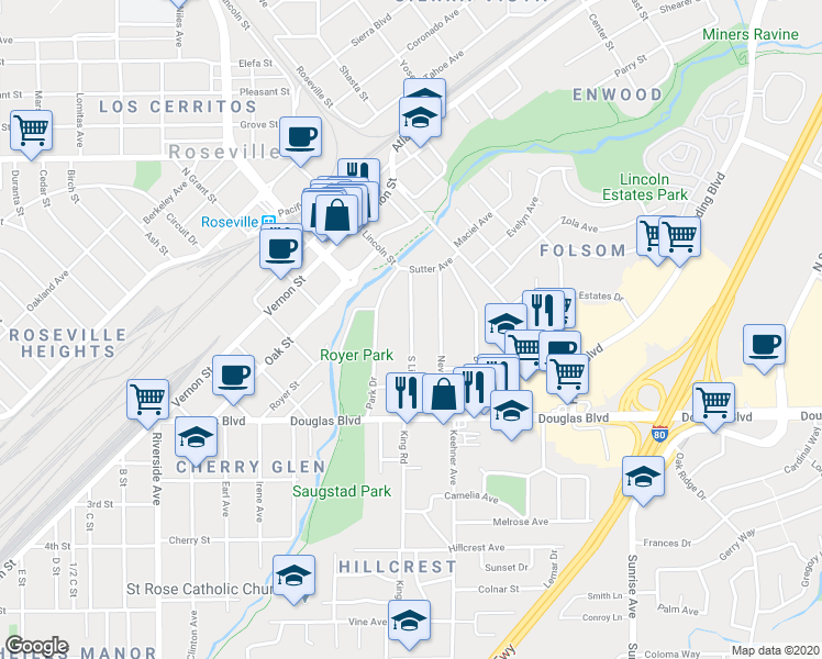 map of restaurants, bars, coffee shops, grocery stores, and more near 152 South Lincoln Street in Roseville