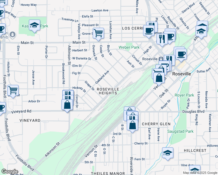 map of restaurants, bars, coffee shops, grocery stores, and more near 116 Fig Street in Roseville