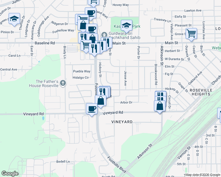 map of restaurants, bars, coffee shops, grocery stores, and more near 1411 Hickory Street in Roseville